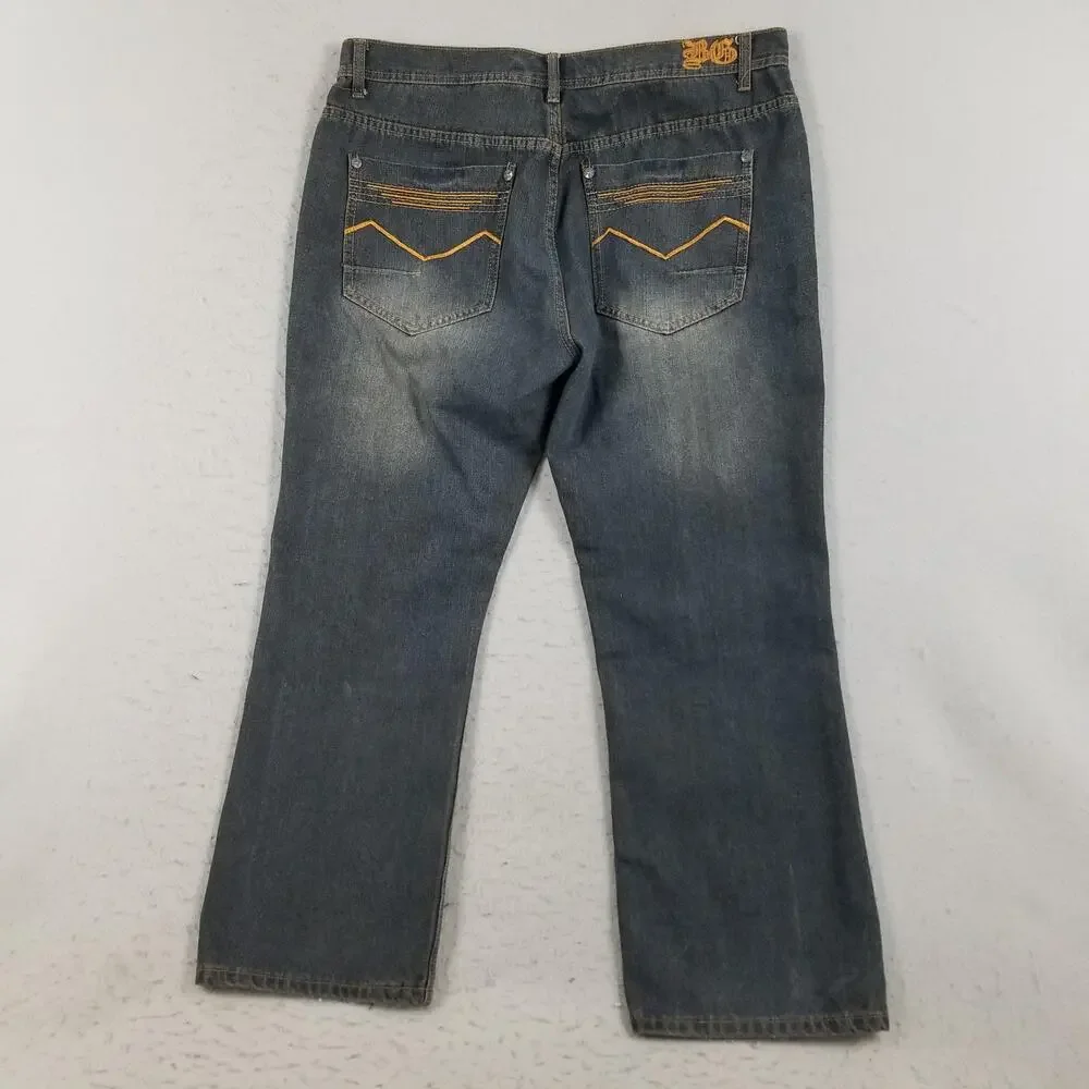 Blue Gear Jeans Mens 40x30 Blue Straight Leg Contrast Stitch Embroidered Denim‎